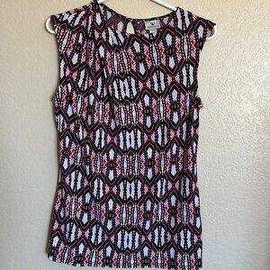 Worthington Geometric Black and Red Sleeveless Blouse Size S Keyhole Neck